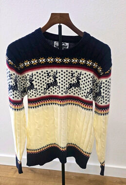 Vintage 80s Steep Slopes Reindeer Sweater M Nordic Fair Isle Cable Knit Ski
